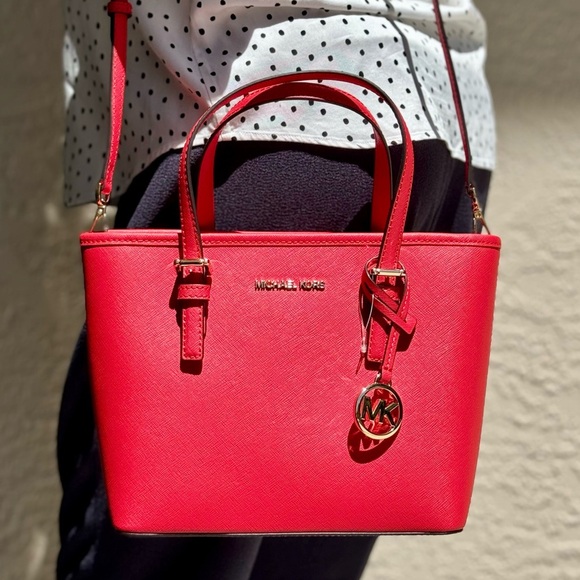Michael Kors Jet Set Travel Extra-Small Top Zip Tote Bag Bright Red - Picture 2 of 9
